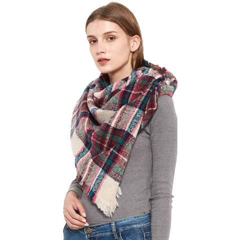 Women Triangle Scarf Shawl Polyester Plaid Checkered Pattern Warm Winter Classic Fringed Tassels Accessory