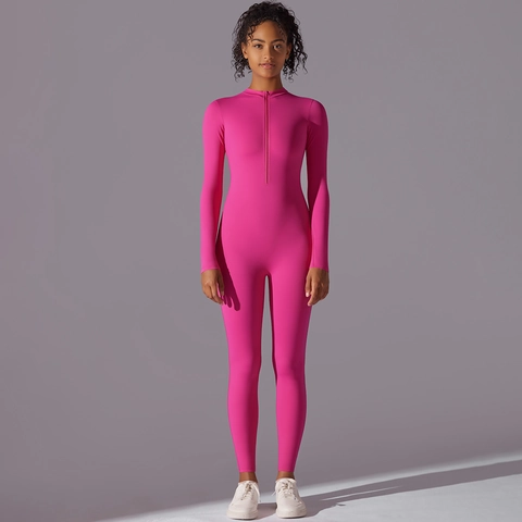 Women Long Sleeve Jumpsuit Half Zip Mock Neck High Stretch Breathable Slimming Athletic Yoga Fitness Bodysuit Solid Color