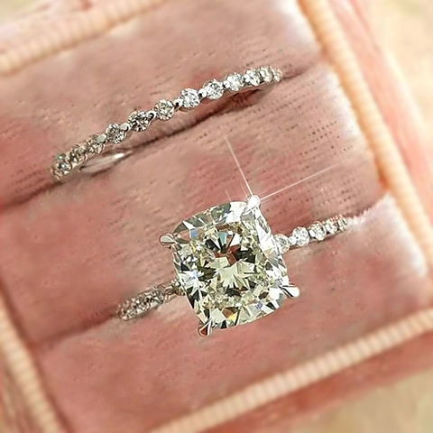 Luxus Kissen Schliff Zirkonia Hochzeitsring Set Für Damen Vintage Kupfer Zirkonia Eingelegt Verlobungsring Gold Silber Fingerring