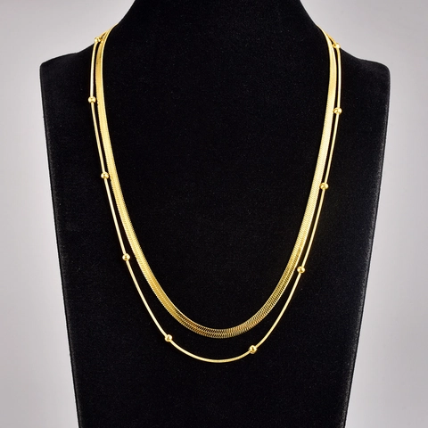 Double Layered Titanium Steel Necklace For Women Gold Plated Snake Chain Bead Chain Vintage Style Fashion Jewelry Accessory