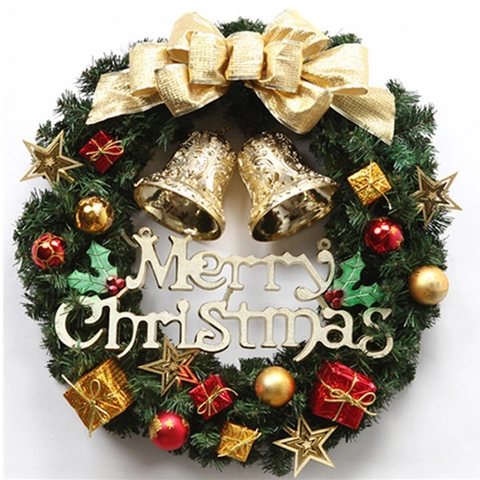 Artificial Christmas Wreath Front Door Wall Hanging Decoration Pine Needle Wreath With Red Bow Golden Bells Merry Christmas Sign Holiday Party Supplies
