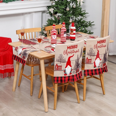Chemin De Table De Noël Housse De Chaise Set De Table Imitation Lin Motif Gnome Carreau Buffalo Déco De Table Festive