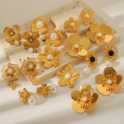Flower Stud Earrings Stainless Steel 18K Gold Plated Artificial Pearl French Vintage Fashion Elegant Jewelry For Women Girls