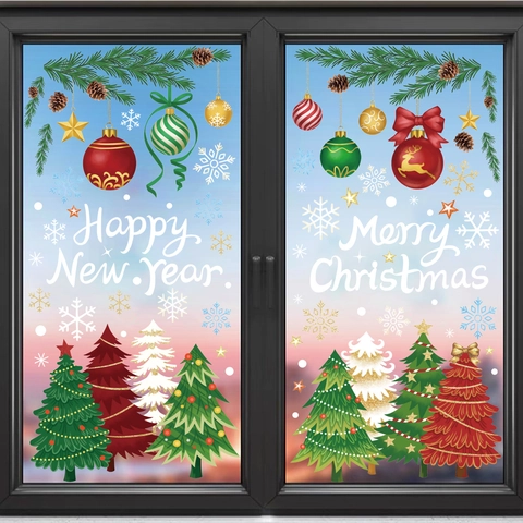 Christmas Window Stickers PVC Static Cling Reusable Double Sided Snowflake Tree Star Holiday Glass Decals Festive Decor