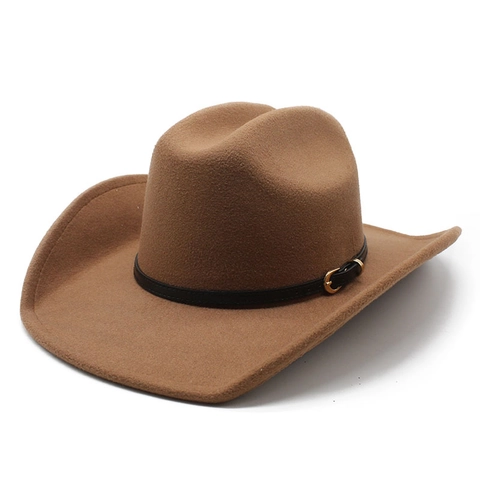 Western Cowboy Hat Wide Brim Wool Felt Fedora With Leather Belt Buckle For Men Women Retro Knight Style