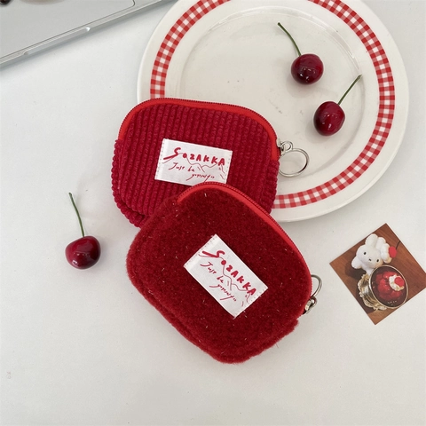 Mini Plush Corduroy Square Pouch Small Coin Purse Portable Lipstick Earphone Storage Bag With Keychain Ring Women Girls