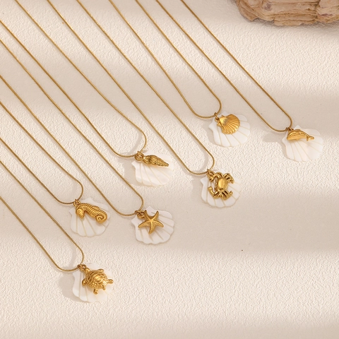 Collar De Acero Inoxidable Estilo Océano Con Colgante De Concha Chapado En Oro Tortuga Marina Caballito De Mar Joyería Playa