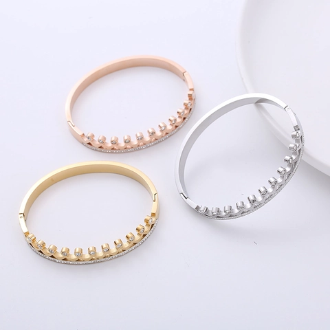 Bracciale Rigido A Corona In Acciaio Inossidabile 304 Con Strass Onda Chiusura A Cerniera Gioielli Donna Stile Reale