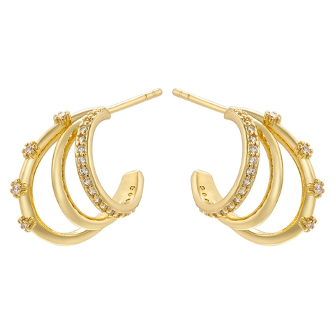 Triple Layer C-Shape Stud Earrings Gold Plated Brass With Colorful Cubic Zirconia Niche Design Minimalist Jewelry Women