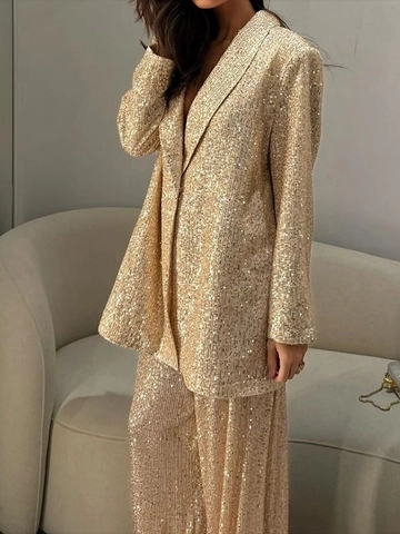 Blazer Di Paillettes E Pantaloni A Gamba Larga Completo Scintillante Maniche Lunghe Per Festa Sera Elegante