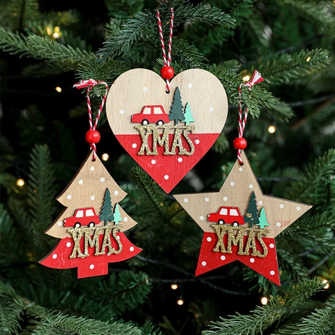 Christmas Wooden Hanging Ornaments Heart Star Tree Red Natural Wood Painted Glitter XMAS Festive Holiday Party Home Decor