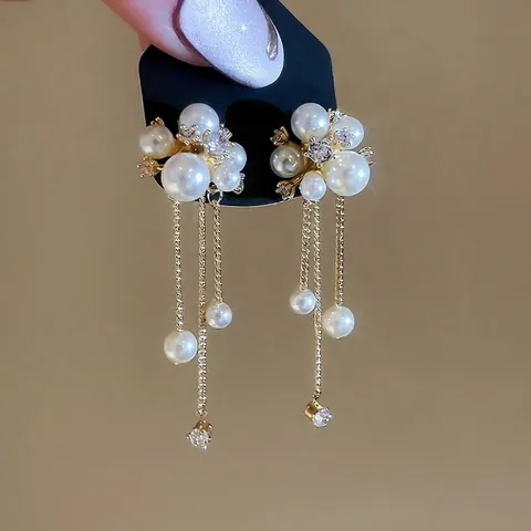 French Vintage Flower Artificial Pearl Cluster Long Tassel Earrings With Silver Earring Post Zircon Gold Plated For Women