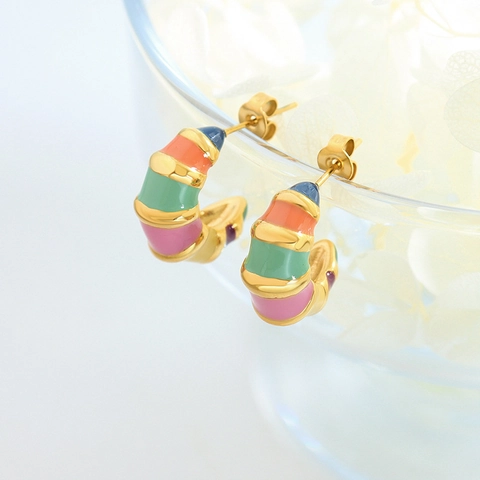 Vintage C-Förmige Creolen Aus Edelstahl Bunte Emaille Gestreifte Drops Of Oil Ästhetischer Schmuck Mode Für Damen