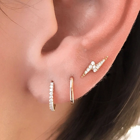 Fashion Copper Lightning Bolt Stud Earrings With Rhinestone Real Gold Plated Geometric Jewelry For Women Elegant Daily Accessory