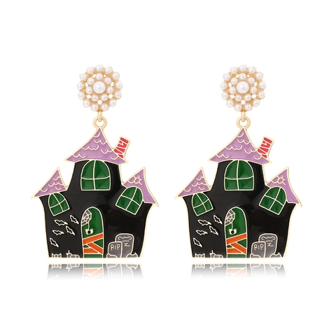 Orecchini Smaltati a Goccia d'Olio a Forma di Casa Stregata di Halloween per Donna in Lega di Zinco Perla Artificiale Lapide RIP Gioielli da Festa