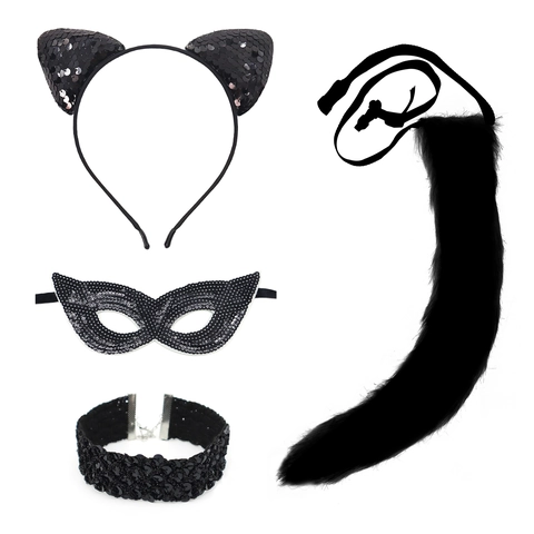 Cerchietto Con Orecchie Di Gatto In Pizzo E Paillettes Maschera Occhi Choker Coda Accessori Costume Halloween Masquerade Carnevale Per Donne
