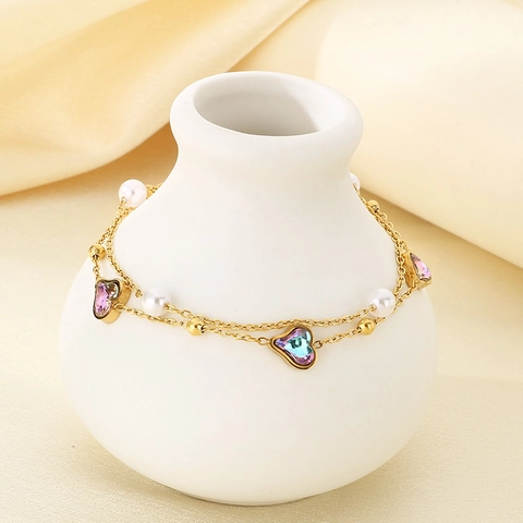 Doppelschichtige Fußkette Edelstahl Herz Bunter Kristall Künstliche Perle Gold Vergoldet Strand Fußschmuck Für Frauen