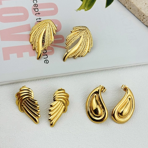 18K Gold Plated Stainless Steel Stud Earrings For Women Minimalist Geometric Feather Waterdrop Style With 925 Silver Post Jewelry