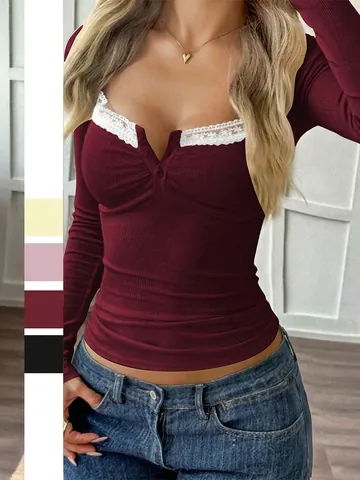 T-Shirt Donna Slim Fit A Maniche Lunghe Maglia Costine Scollo V Bordo Pizzo Bottoni Decorativi Stile Y2K Top