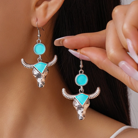 Western Bull Head Cow Skull Drop Earrings Bohemian Retro Silver Alloy Turquoise Enamel With Steel Earring Post For Women