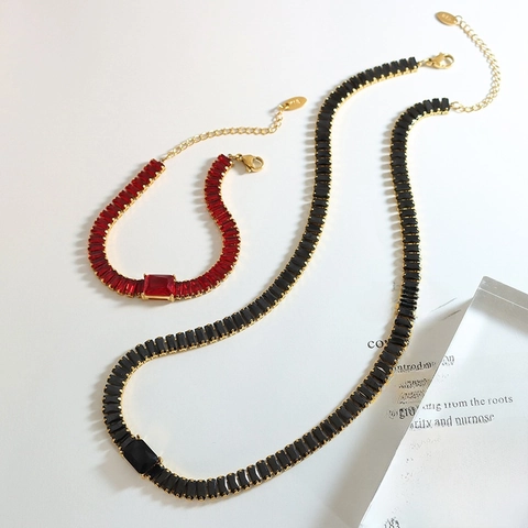Rechthoekige Zirkoon Ketting En Armband Titanium Staal 18K Vergulde Sieraden Voor Vrouwen Geometrische Luxe Mode