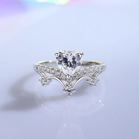 Anillo de Corona de Corazón de Plata de Ley S925 para Mujer Circonia en Forma de Corazón Joyería de Anillo de Dedo de Diseño de Nicho de Lujo