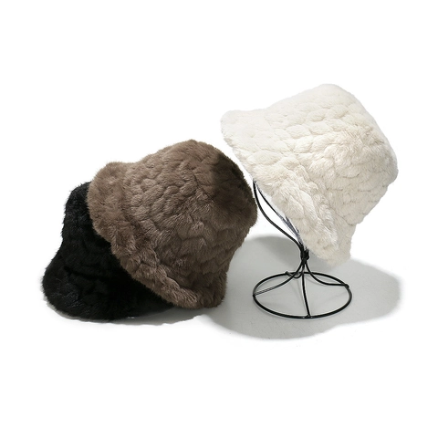 Faux Mink Fur Bucket Hat Wave Pattern Thick Winter Warm Windproof Casual Outdoor Retro Unisex Solid Color Plush