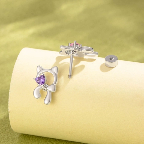 Cat Bow Knot Screw Stud Earring Heart Zircon Titanium Steel Earring Post Cartilage Piercing Cute Jewelry For Women