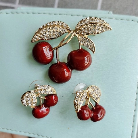 Broche en Émail Cerise Rouge Vintage Ensemble Boucles d'Oreilles Strass Argent 925 Bijoux de Mode en Alliage Fruit Femme
