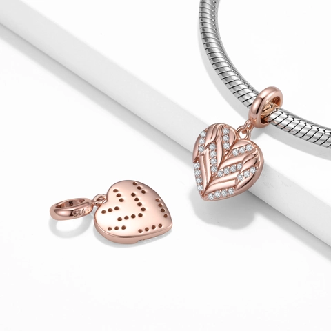Ciondolo Charm a Forma di Cuore con Ali in Argento Sterling 925 con Zirconia Placcato Oro Rosa per Bracciale e Collana Regalo Donna