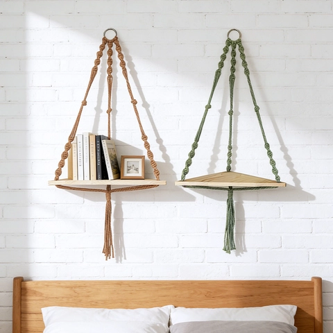 Étagère Macramé Bohème Tissée Main Corde Coton Rack Bois Triangle Décoration Intérieure Support Plante