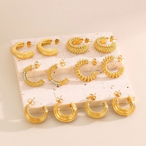 Orecchini A Cerchio A Forma Di C Acciaio Inossidabile Placcato Oro Vintage Minimalista Geometrico Testurizzato Donna