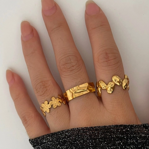 Flower Geometric Irregular Hammered Adjustable Open Rings For Women 316L Stainless Steel 18K Gold Plated Minimalist