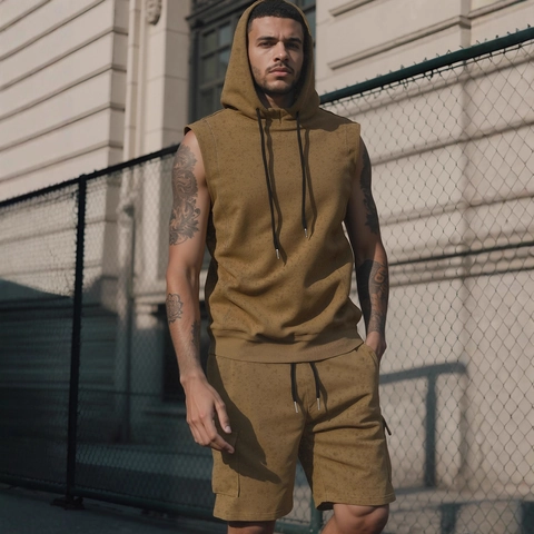 Men Sleeveless Hooded Vest And Shorts Polyester Cotton Blend Knit Drawstring Cargo Pockets Solid Color Casual Sporty
