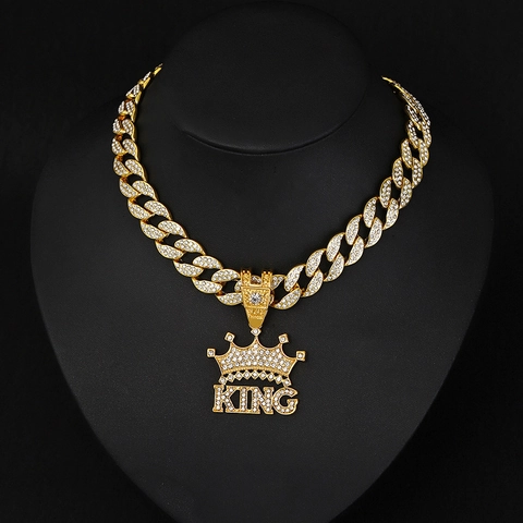 Hip Hop Crown KING Pendant Necklace For Men Zinc Alloy Iced Out Pave Rhinestone Cuban Tennis Twist Chain Street Jewelry