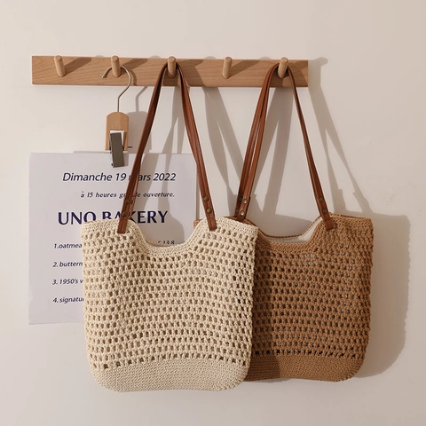 Sac À Épaule Tissé Pour Femme Fourre-Tout En Corde De Coton Avec Bandoulière En Similicuir Style Plage Et Vacances