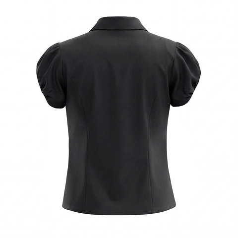Damen Bluse Hemd Schwarz Puffärmel Einreihig Umlegekragen Slim Fit Vintage Schick Lässig Baumwolle Polyester