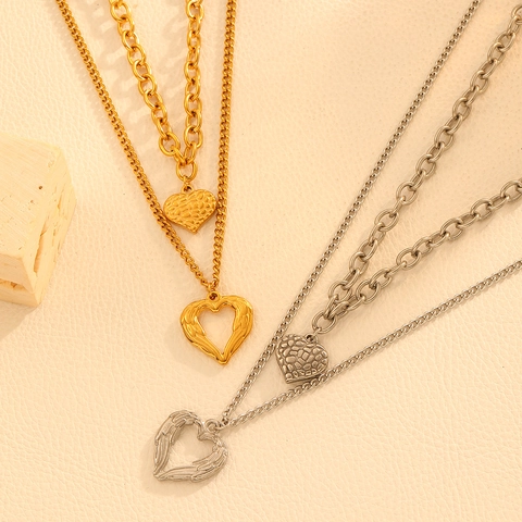 Collar Con Colgante De Corazón De Doble Capa Acero Inoxidable Chapado En Oro De 18K Joyería De Corazón De Ala Para Mujer Elegante Minimalista