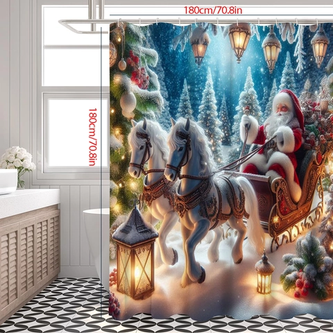 Christmas Shower Curtain Waterproof Polyester Santa Claus Sleigh Reindeer Winter Forest Festive Bathroom Decor Artistic