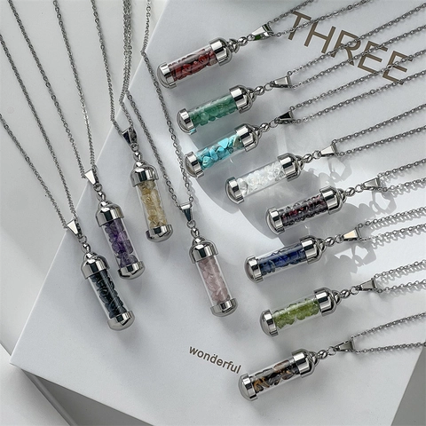 Collana In Acciaio Inossidabile Pendente Cilindro In Vetro Riempito Con Chips Di Pietre Naturali Bottiglia Dei Desideri