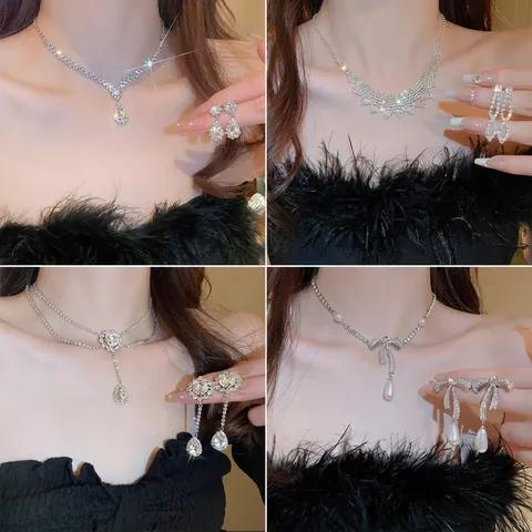 Geometric Rhinestone Zircon Necklace And Earrings Alloy Jewelry With 925 Sterling Silver Earring Post Elegant Banquet Women