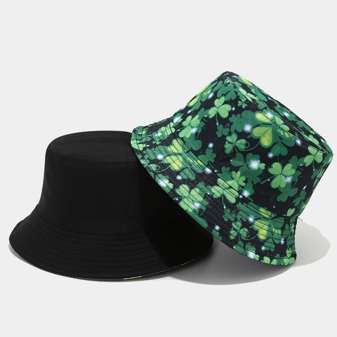 Shamrock Bucket Hat St Patricks Day Reversible Clover Print Foldable Polyester Sun Protection Outdoor Holiday Fashion
