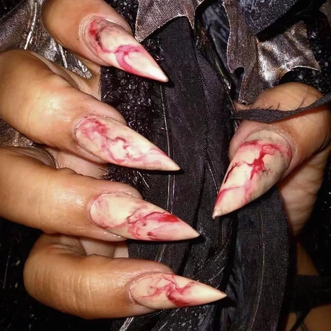 Halloween Press On Nails Lange Stiletto Vorm ABS Plastic Bloed Marmer Effect Gothic Horror Enge Kunstnagels Feest