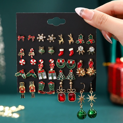 Christmas Stud Earrings Alloy Enamel Rhinestone Festive Holiday Snowflakes Reindeer Design With Stainless Steel Earring Post