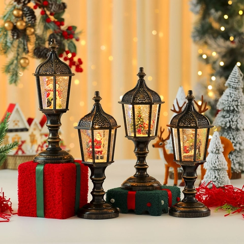 Linterna De Bola De Nieve De Navidad Retro Bronce LED Luminosa Música Lámpara Decorativa Con Agua Escritorio Regalo Resina