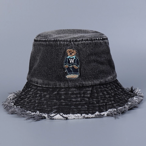 Washed Denim Anglerhut Mit Bärenstickerei Fransen Retro Distressed Sonnenhut Für Damen Herren Verstellbar