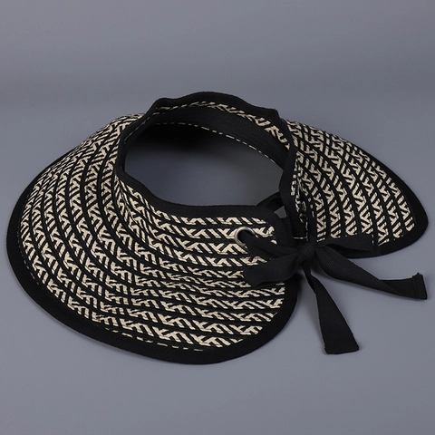 Women Summer Paper Straw Sun Visor Hat Wide Brim Foldable Empty Top Beach Cap With Bow Knot Elegant Breathable