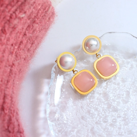Retro Pink Square Gemstone Dangle Earrings With Artificial Pearl Titanium Steel 18K Gold Plated Elegant Jewelry For Women