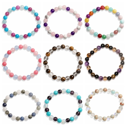 Handmade Natural Gemstone Beaded Bracelet Round Tiger Eye Amethyst Crystal Elastic Stretch Cord Healing Yoga Unisex