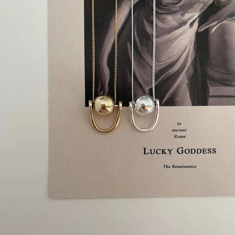 925 Sterling Silver Necklace For Women With Geometric U Shape Pendant And Movable Round Bead Chic Gold Plated Jewelry